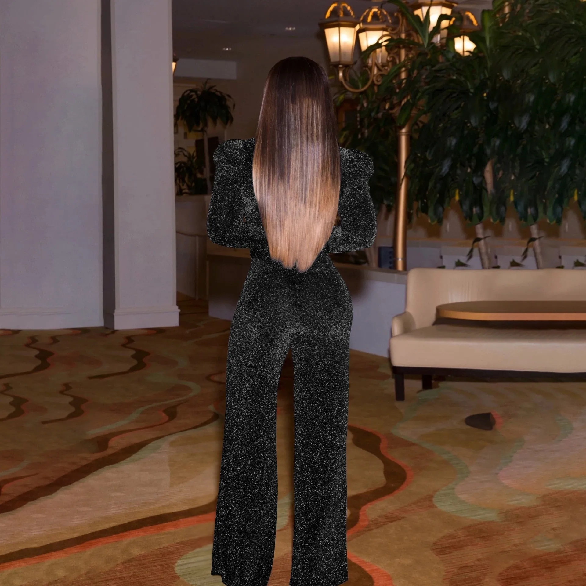 Amozae- Women's   Sparkly Jumpsuits Plus Size Elegant Clubwear Long Sleeve Wide Leg Pants Rompers With Belt