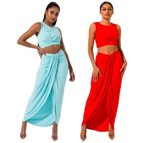 Bandage Crop Top with Irregular Long Skirt Club Dress Set