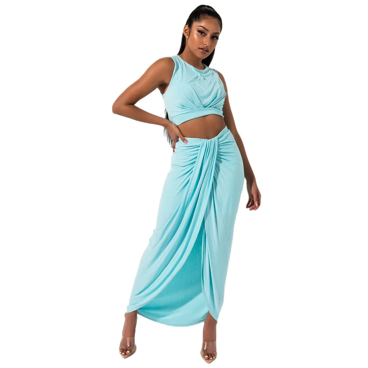 Bandage Crop Top with Irregular Long Skirt Club Dress Set