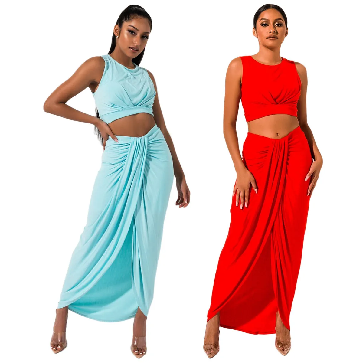 Bandage Crop Top with Irregular Long Skirt Club Dress Set