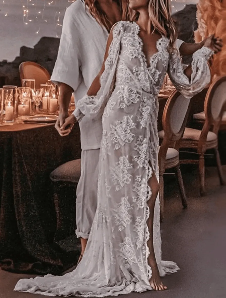 Beach Sexy Boho Wedding Dresses Sweep / Brush Train A-Line Long Sleeve V Neck Lace With Appliques Split Front