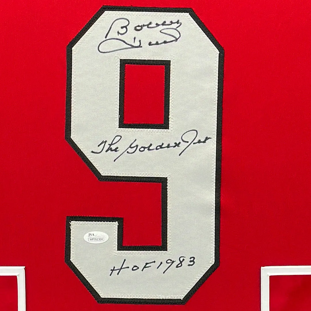 Bobby Hull Signed HOF 1983 Chicago Red Custom Suede Framed hockey Jersey (JSA)