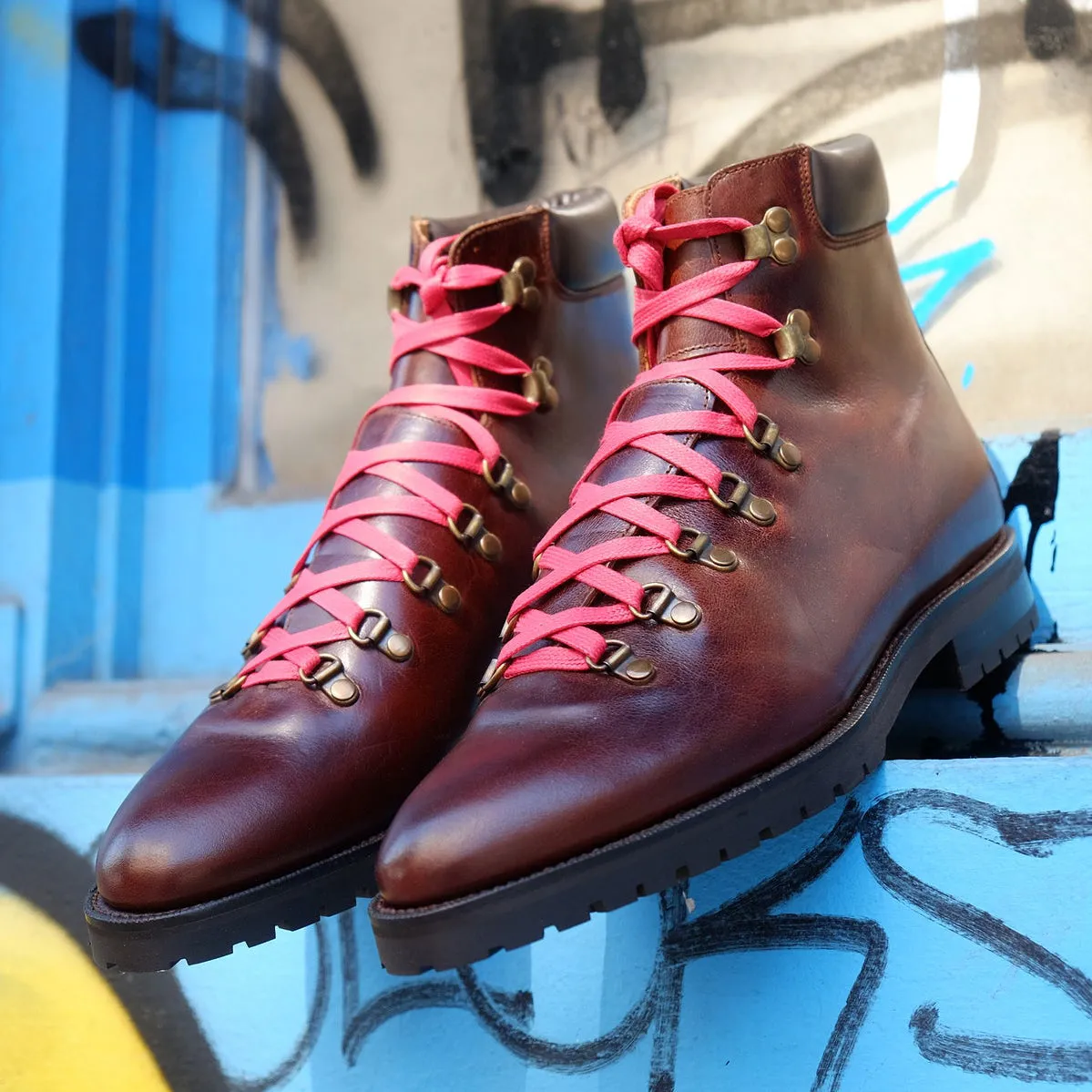 Brown Leather Larett Chunky Hiking Combat Boots - Hiking and Trekking Boots