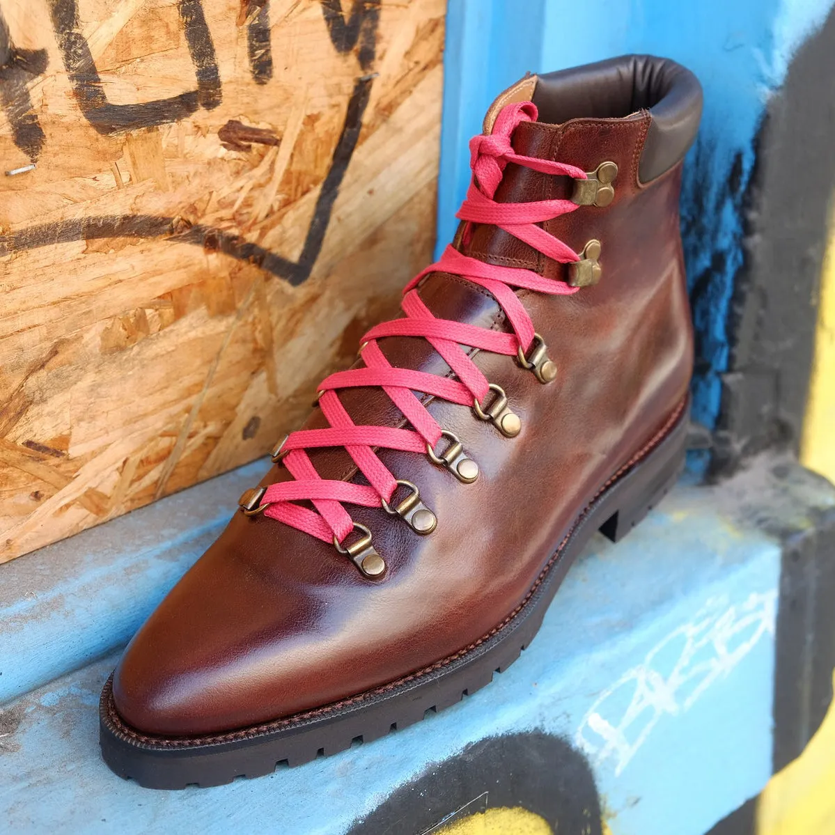 Brown Leather Larett Chunky Hiking Combat Boots - Hiking and Trekking Boots