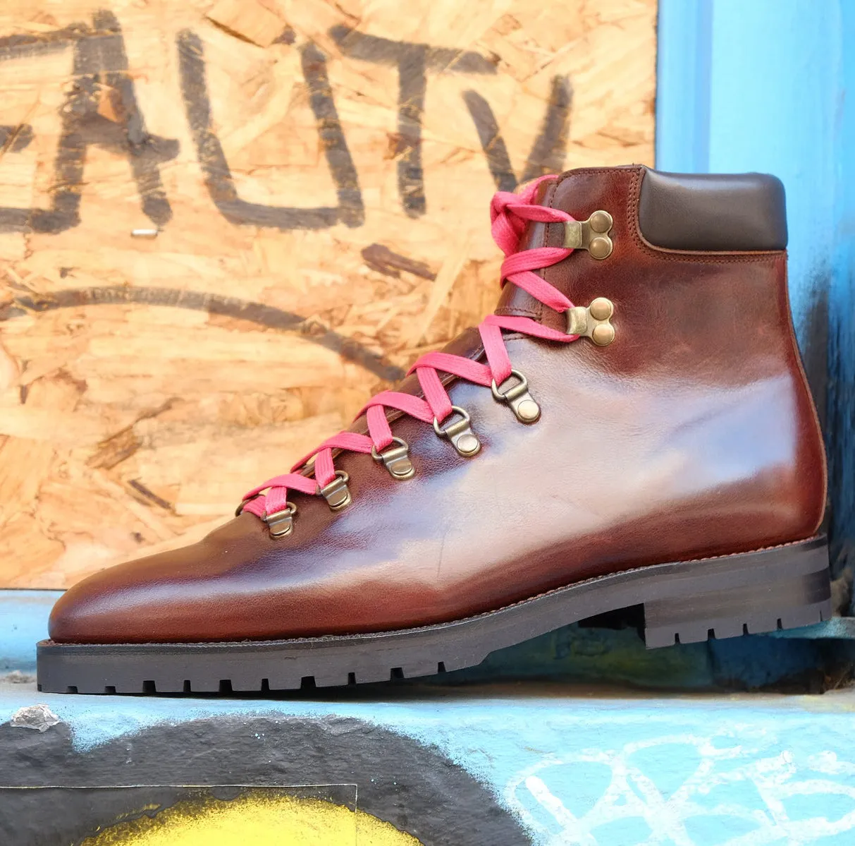 Brown Leather Larett Chunky Hiking Combat Boots - Hiking and Trekking Boots