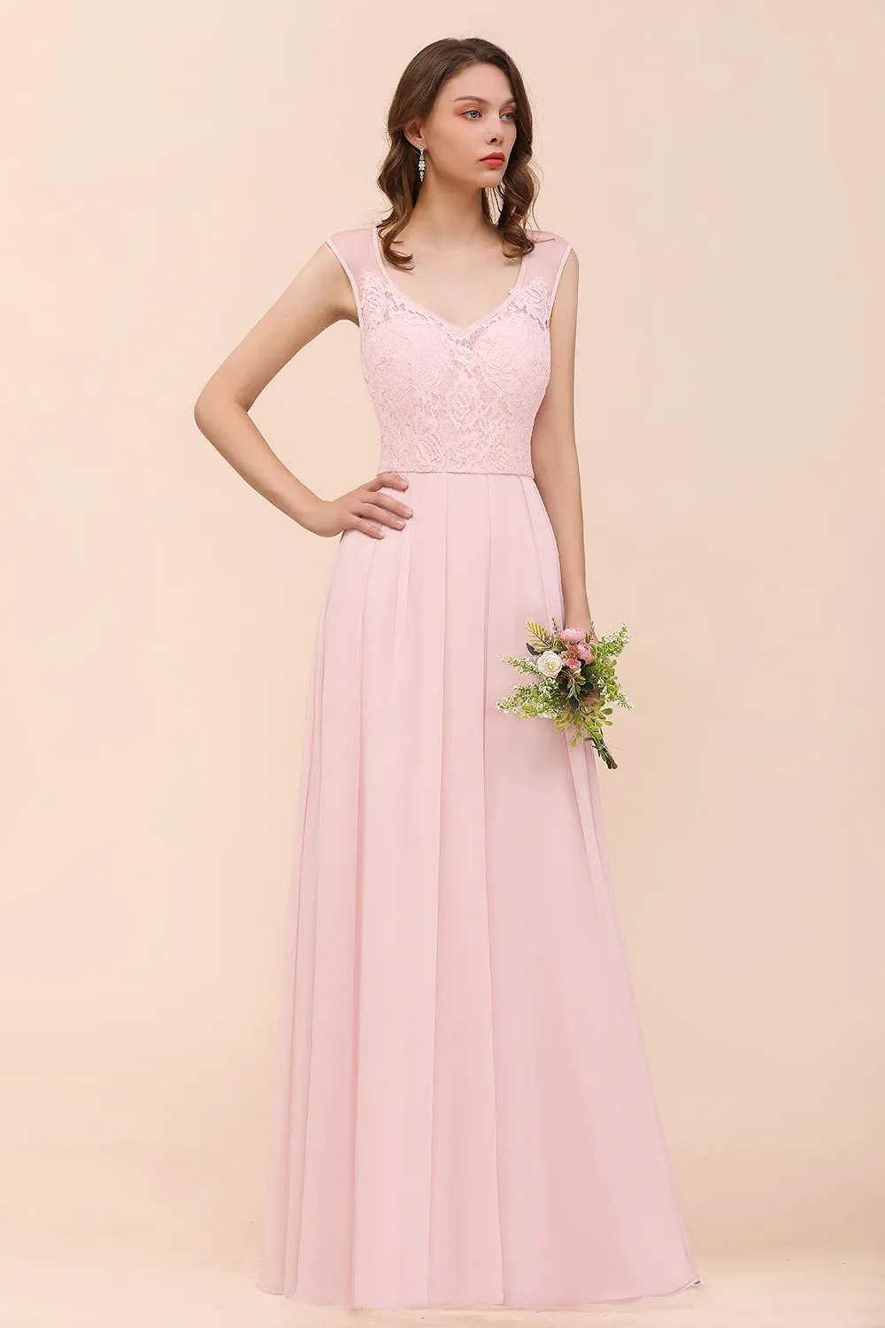 Elegant Pink Long A-line Sweetheart Lace Chiffon Bridesmaid Dress