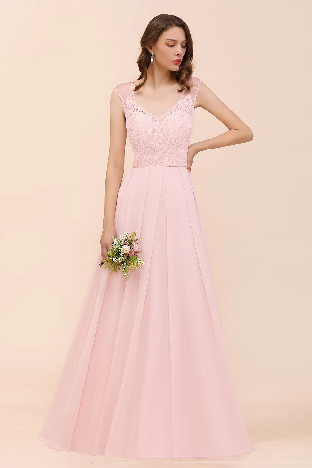Elegant Pink Long A-line Sweetheart Lace Chiffon Bridesmaid Dress