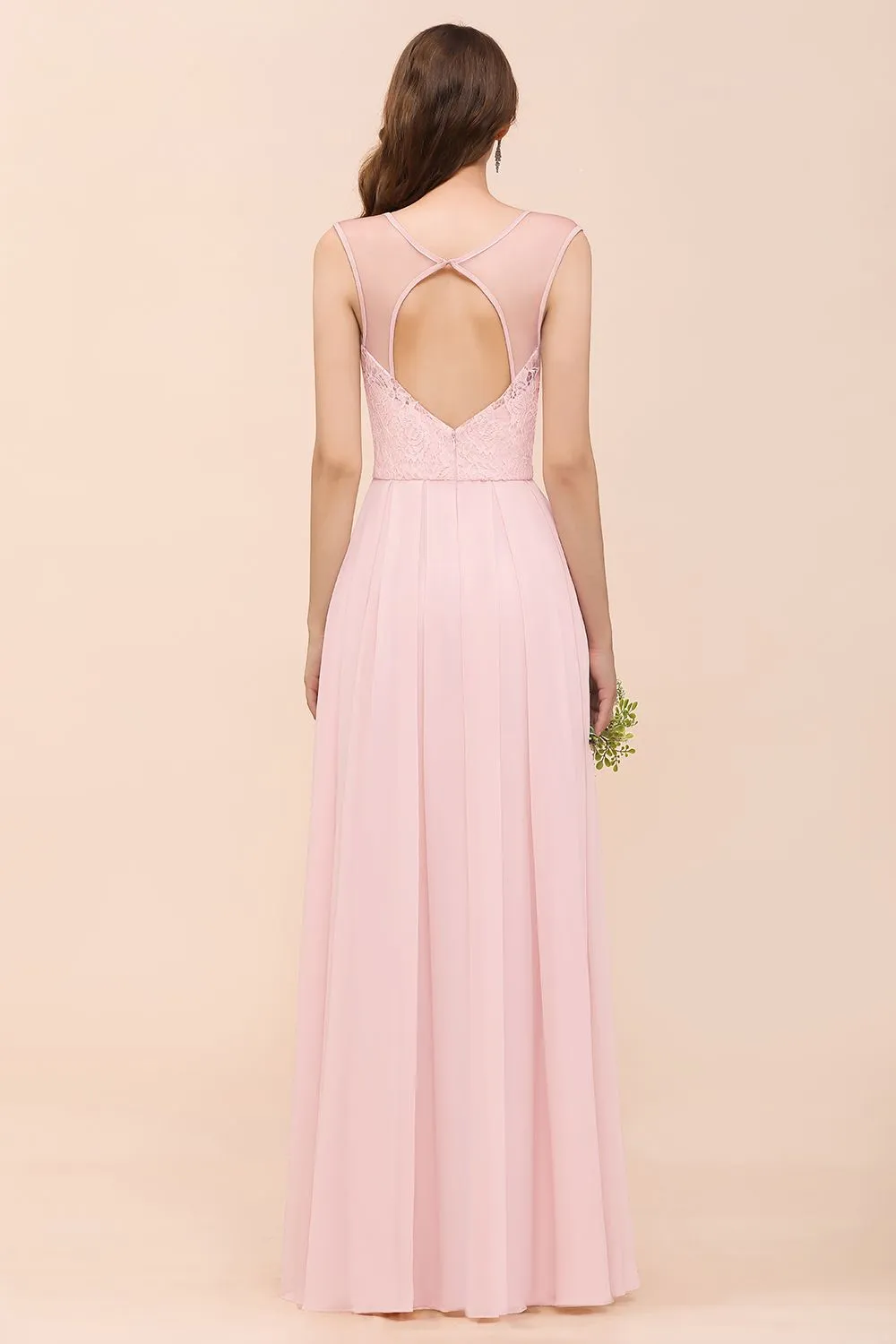 Elegant Pink Long A-line Sweetheart Lace Chiffon Bridesmaid Dress