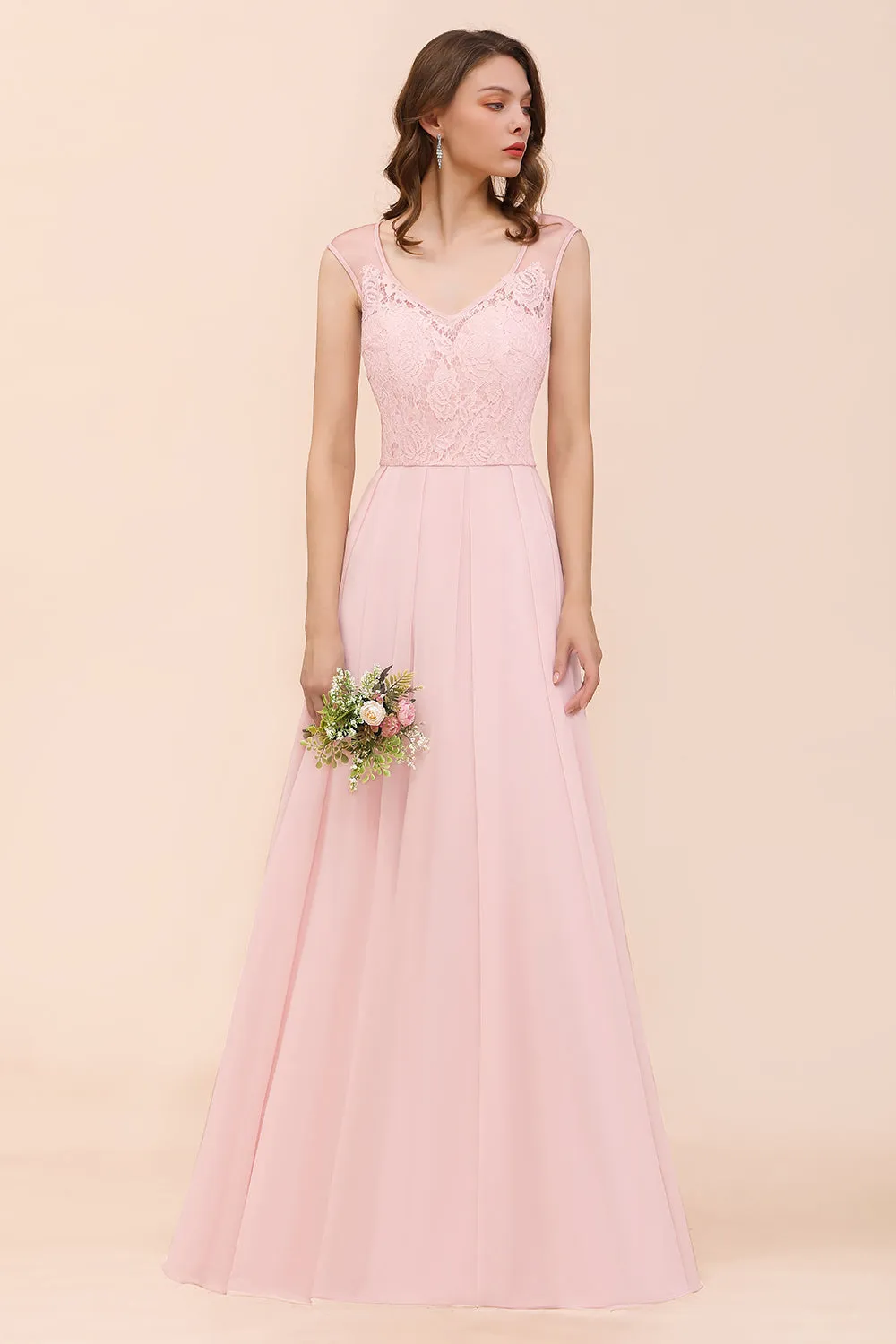 Elegant Pink Long A-line Sweetheart Lace Chiffon Bridesmaid Dress