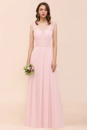 Elegant Pink Long A-line Sweetheart Lace Chiffon Bridesmaid Dress