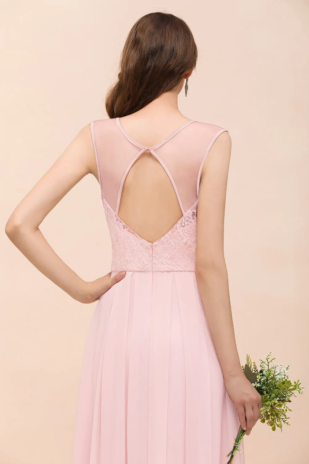 Elegant Pink Long A-line Sweetheart Lace Chiffon Bridesmaid Dress