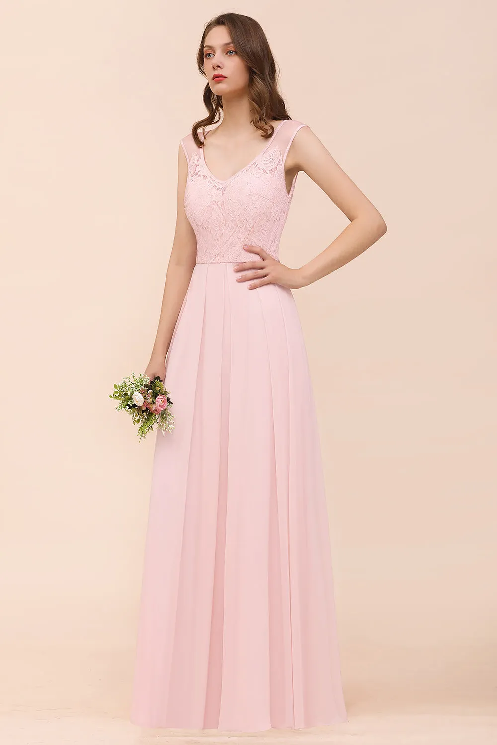 Elegant Pink Long A-line Sweetheart Lace Chiffon Bridesmaid Dress
