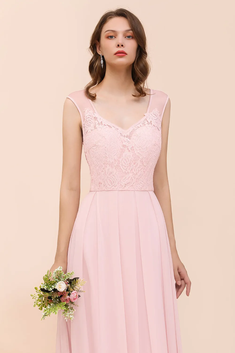 Elegant Pink Long A-line Sweetheart Lace Chiffon Bridesmaid Dress