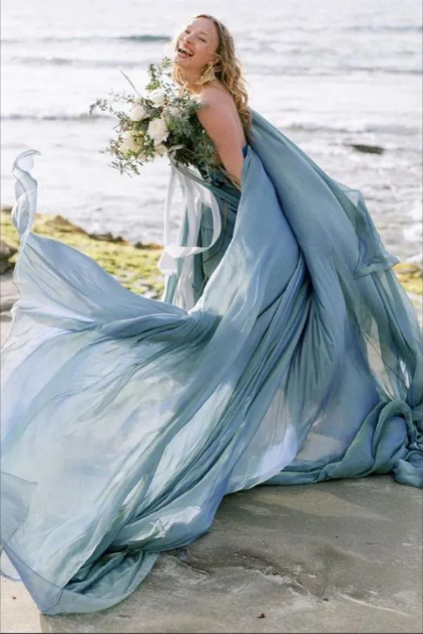 Flowy Chiffon A line Rustic Beach Wedding Dresses With Train, Bridal Gown APW0411