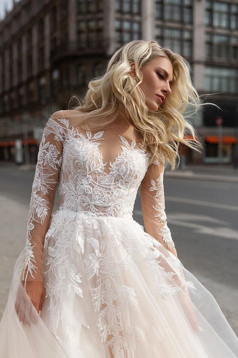 Long Sleeve Boho V neck Ivory Lace Appliques Beach Wedding Dresses