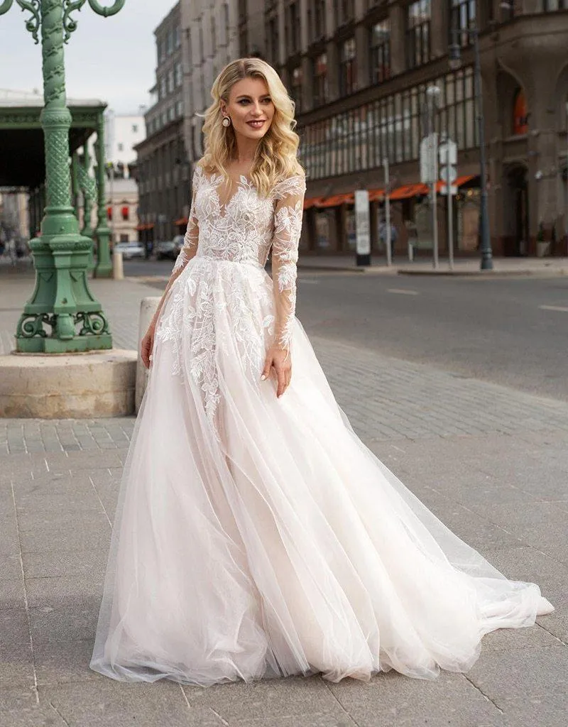 Long Sleeve Boho V neck Ivory Lace Appliques Beach Wedding Dresses