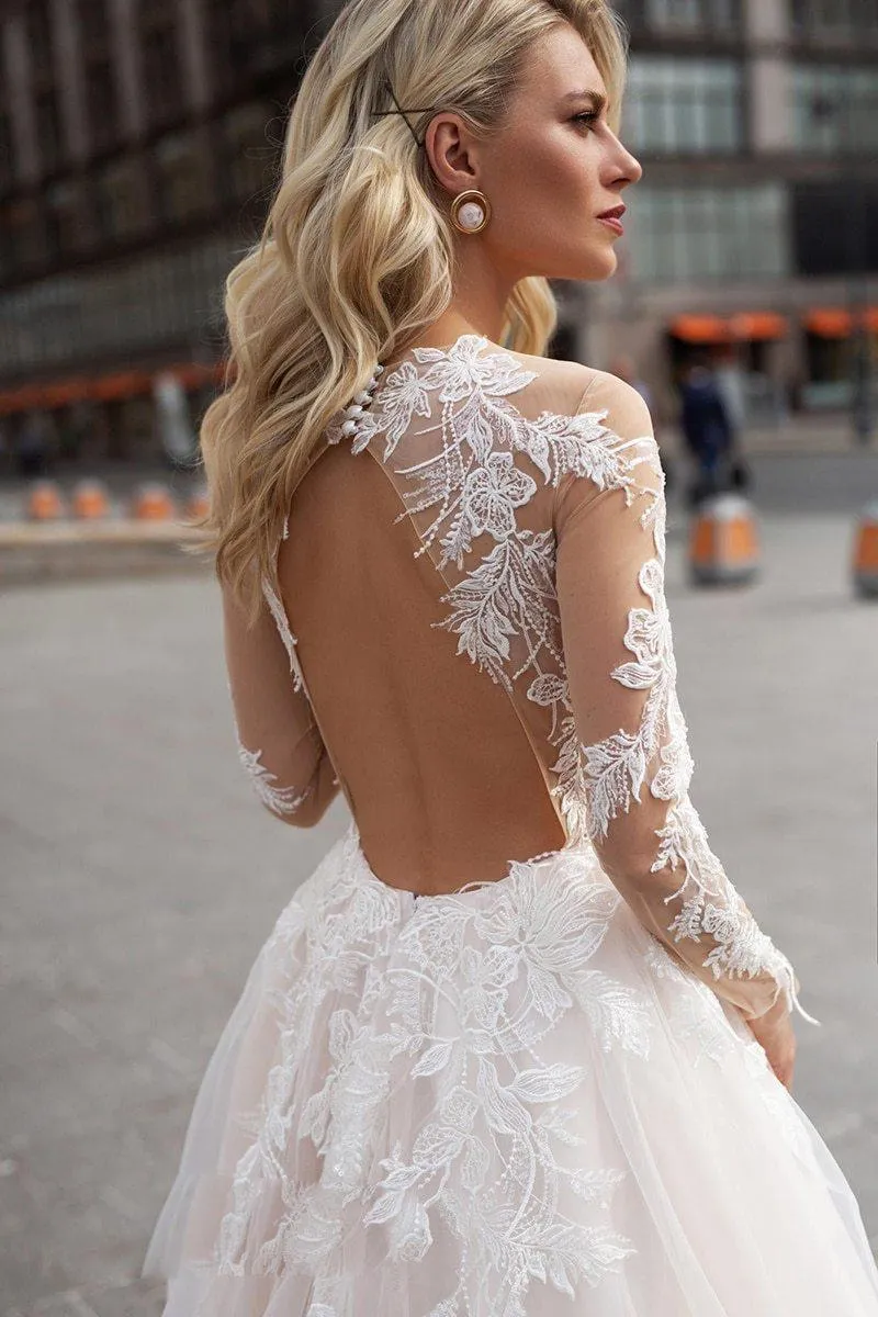 Long Sleeve Boho V neck Ivory Lace Appliques Beach Wedding Dresses