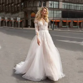 Long Sleeve Boho V neck Ivory Lace Appliques Beach Wedding Dresses