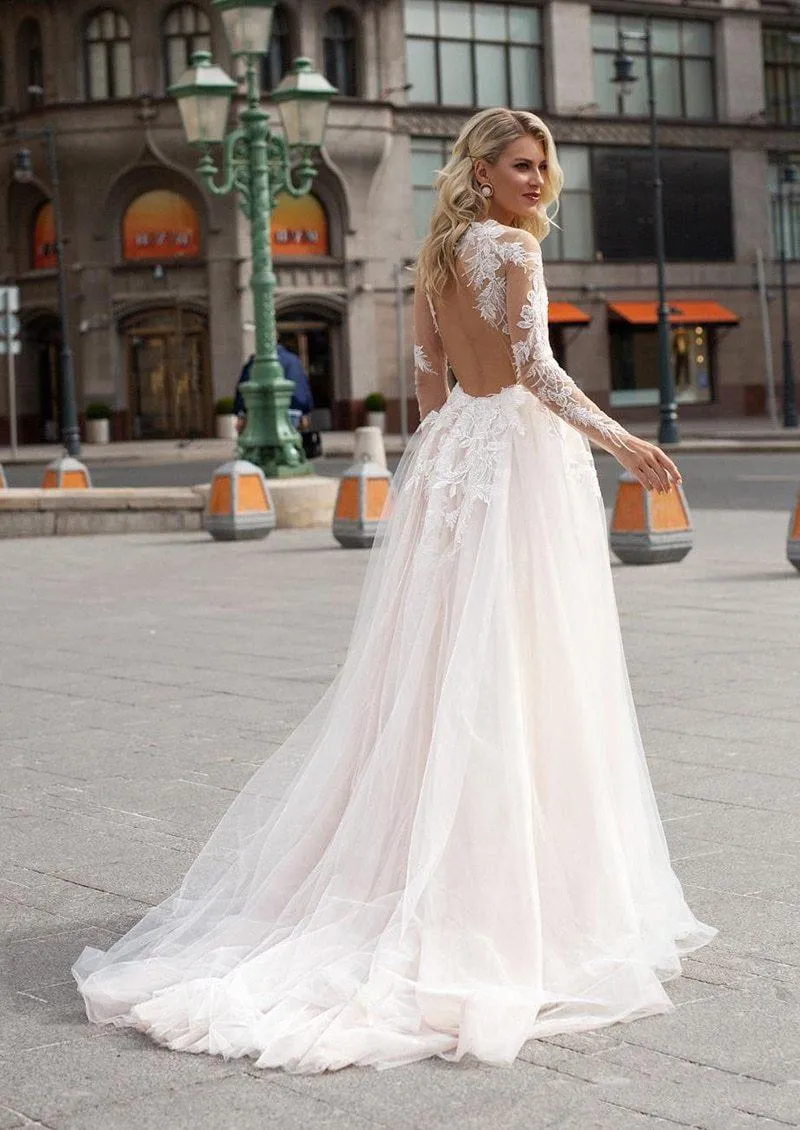 Long Sleeve Boho V neck Ivory Lace Appliques Beach Wedding Dresses