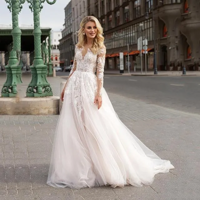Long Sleeve Boho V neck Ivory Lace Appliques Beach Wedding Dresses