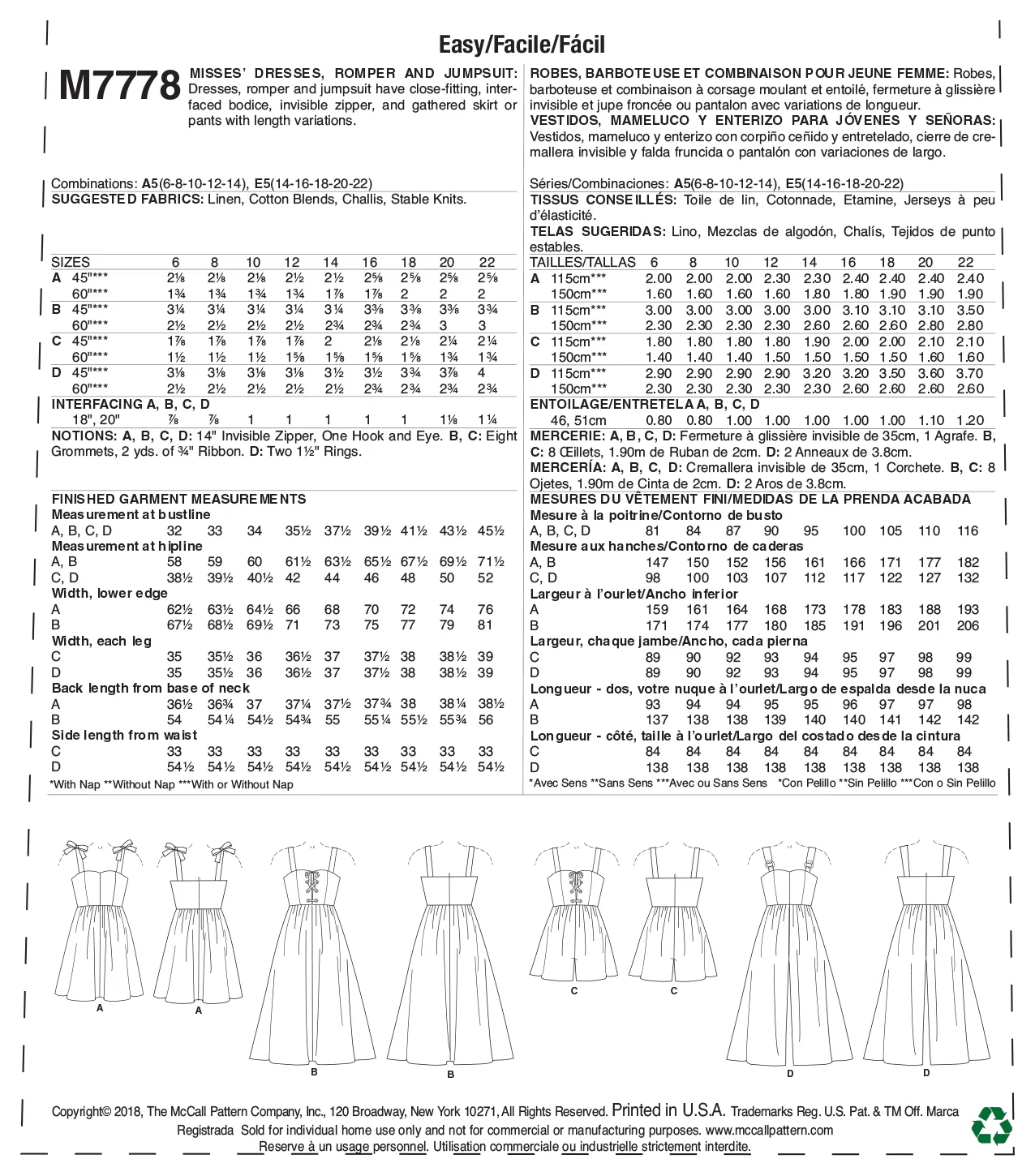 M7778 Misses' Dresses, Romper and Jumpsuit