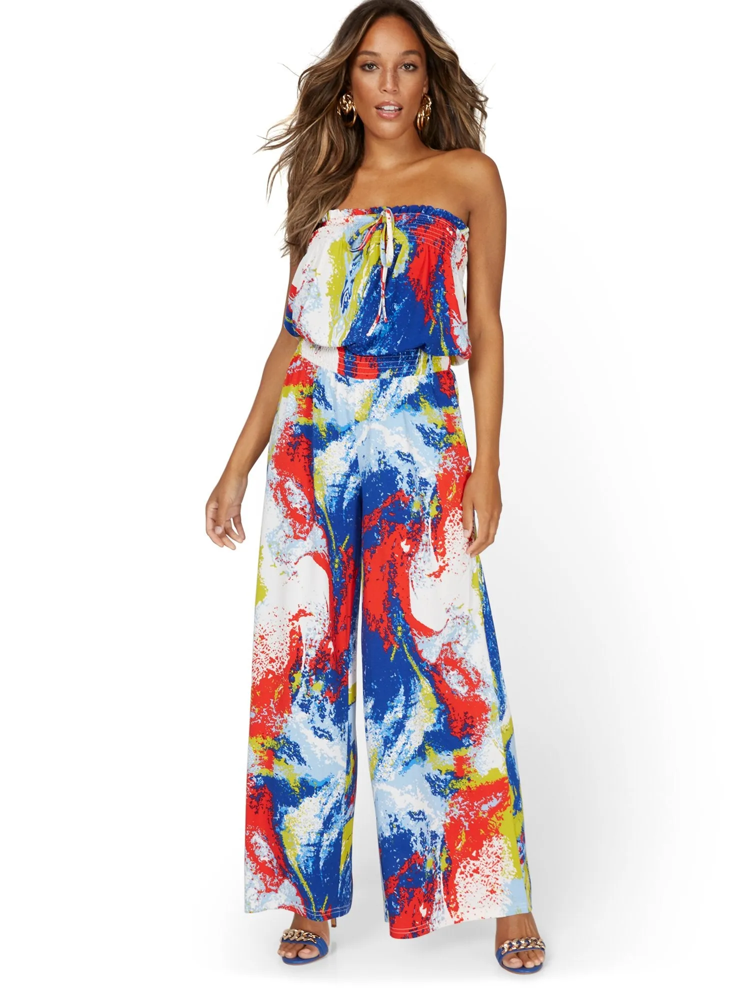 Marble-Print Strapless Jumpsuit
