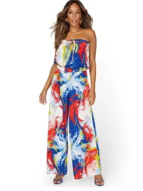 Marble-Print Strapless Jumpsuit