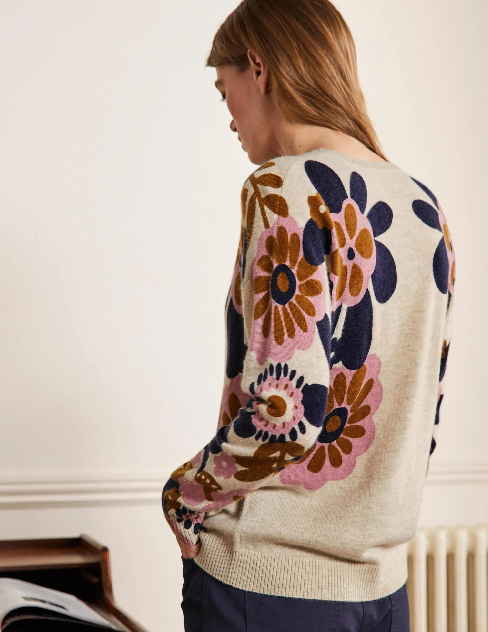 Margot Cashmere Jumper-Oatmeal Melange, Floral Bloom