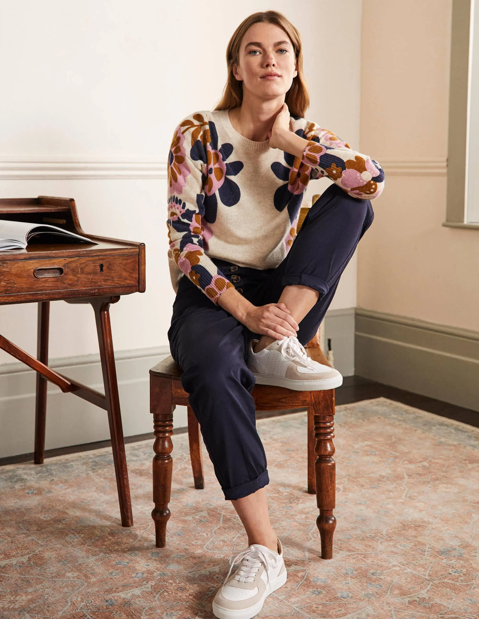 Margot Cashmere Jumper-Oatmeal Melange, Floral Bloom