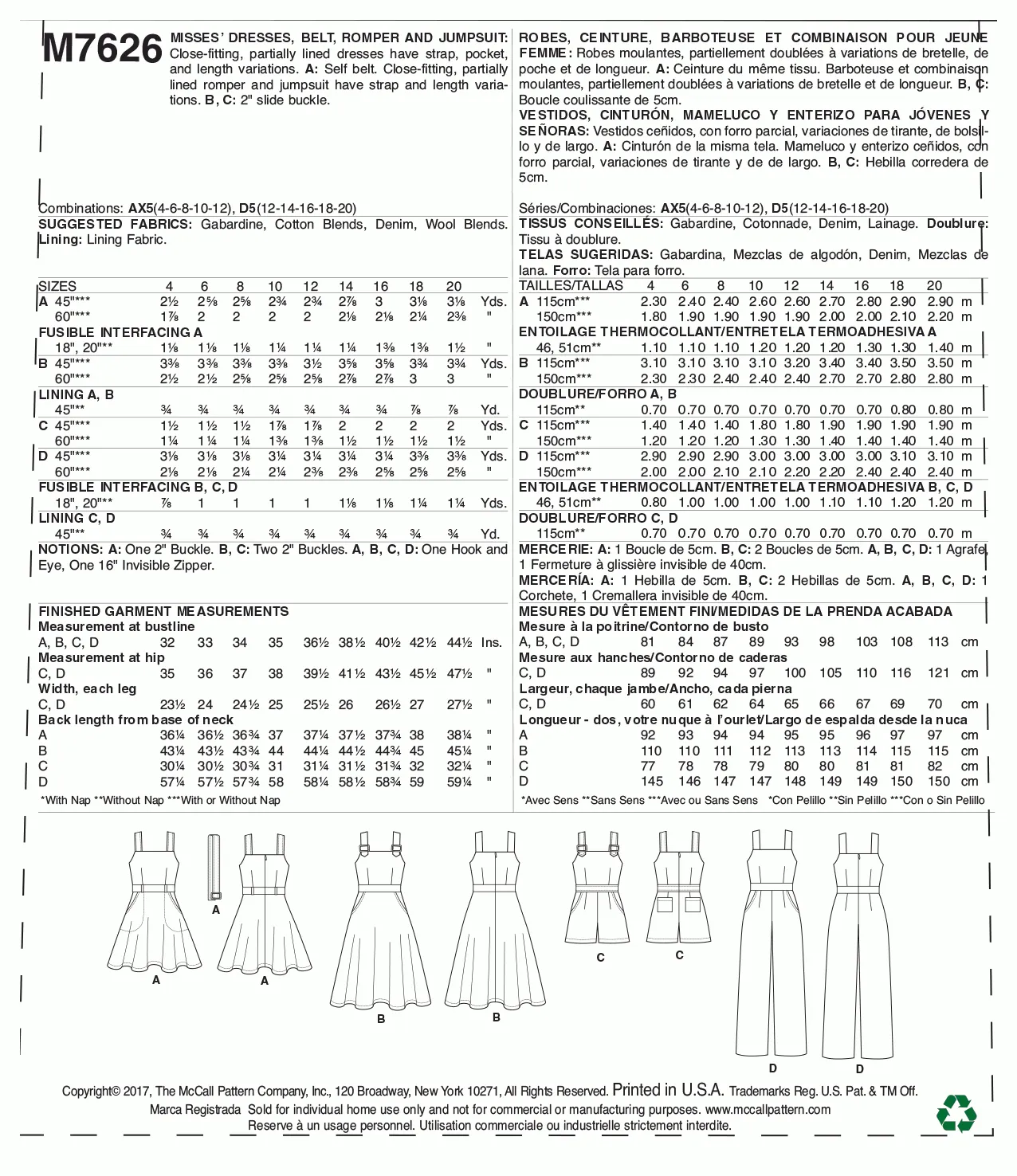 McCall's Pattern M7626 Misses' Dresses, belt, Romper, and Jumpsuit with Pockets