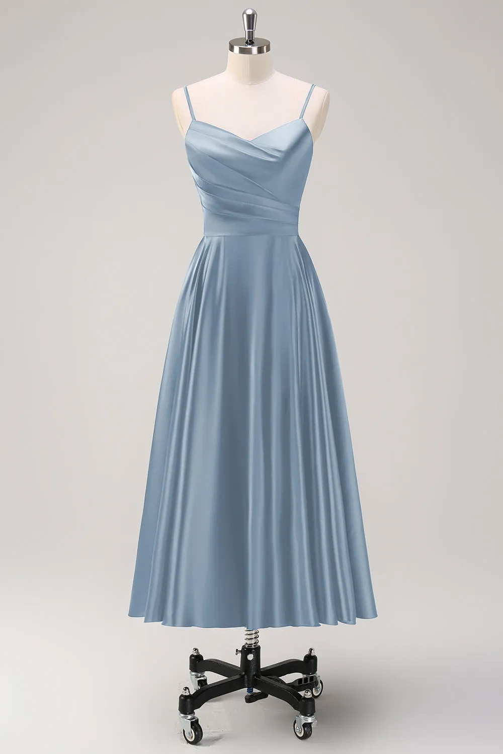 Navy Spaghetti Straps Ruched A Line Tea Length Dress