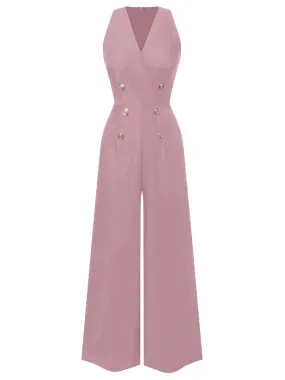 Pink 1950s Sleeveless Buttoned Solid Jumpsuit