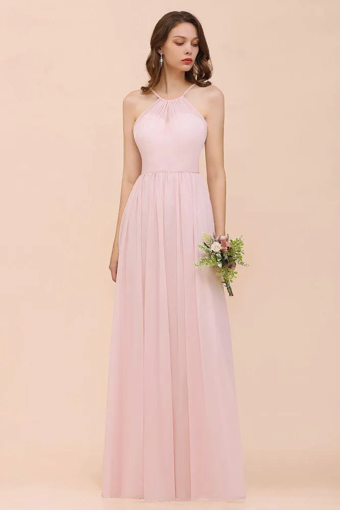 Pink Girls Bridesmaid Dress Halter Floor Length Chiffon Beach Wedding Party Dress