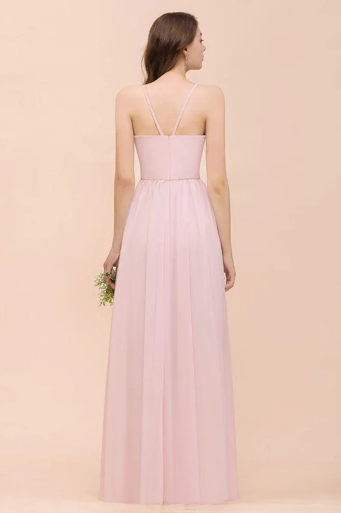 Pink Girls Bridesmaid Dress Halter Floor Length Chiffon Beach Wedding Party Dress