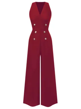 Red 1950s Sleeveless Buttoned Solid Jumpsuit