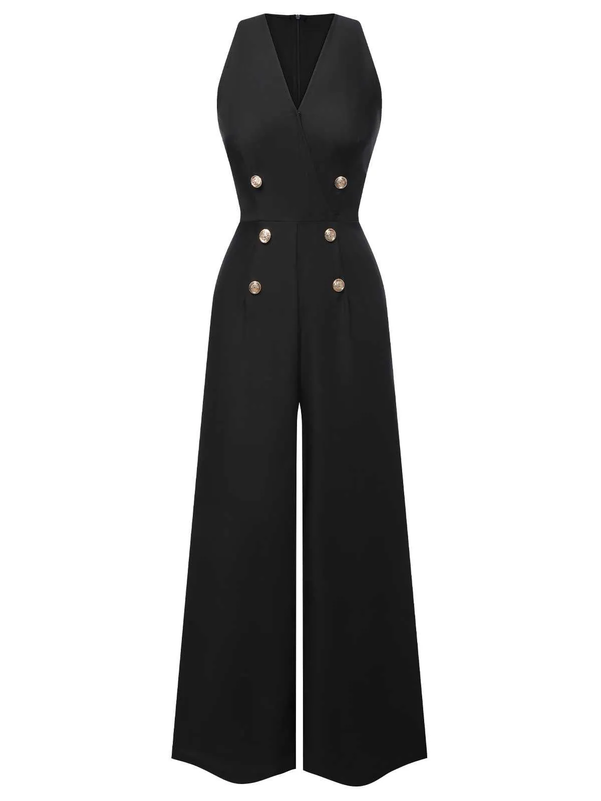 Red 1950s Sleeveless Buttoned Solid Jumpsuit