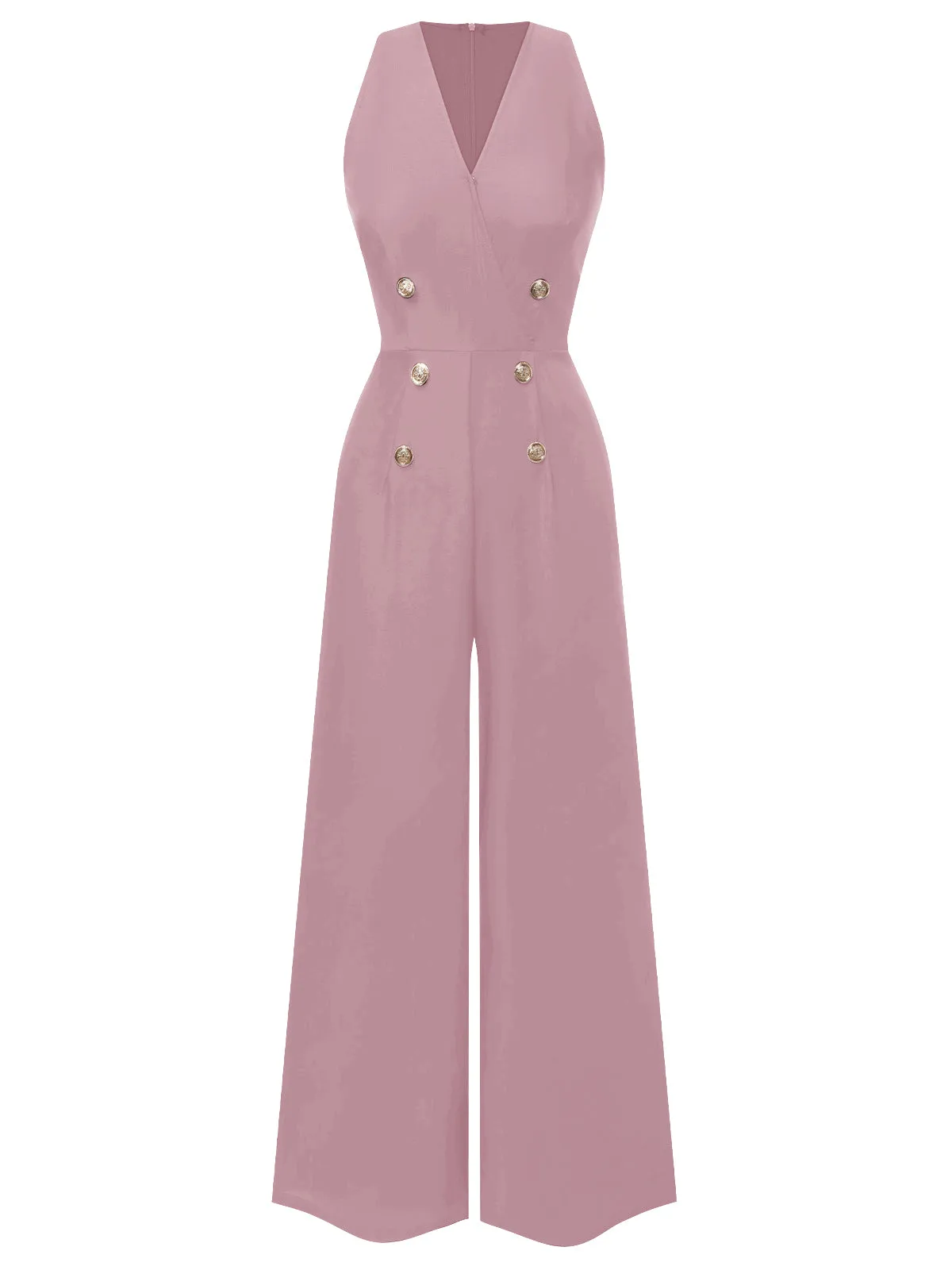Red 1950s Sleeveless Buttoned Solid Jumpsuit