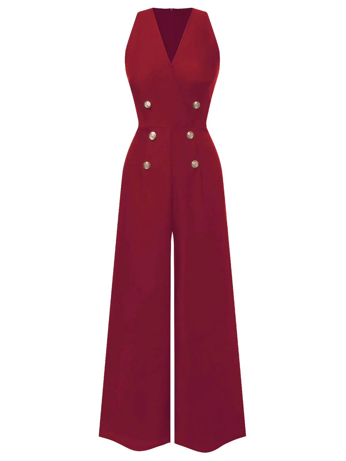 Red 1950s Sleeveless Buttoned Solid Jumpsuit
