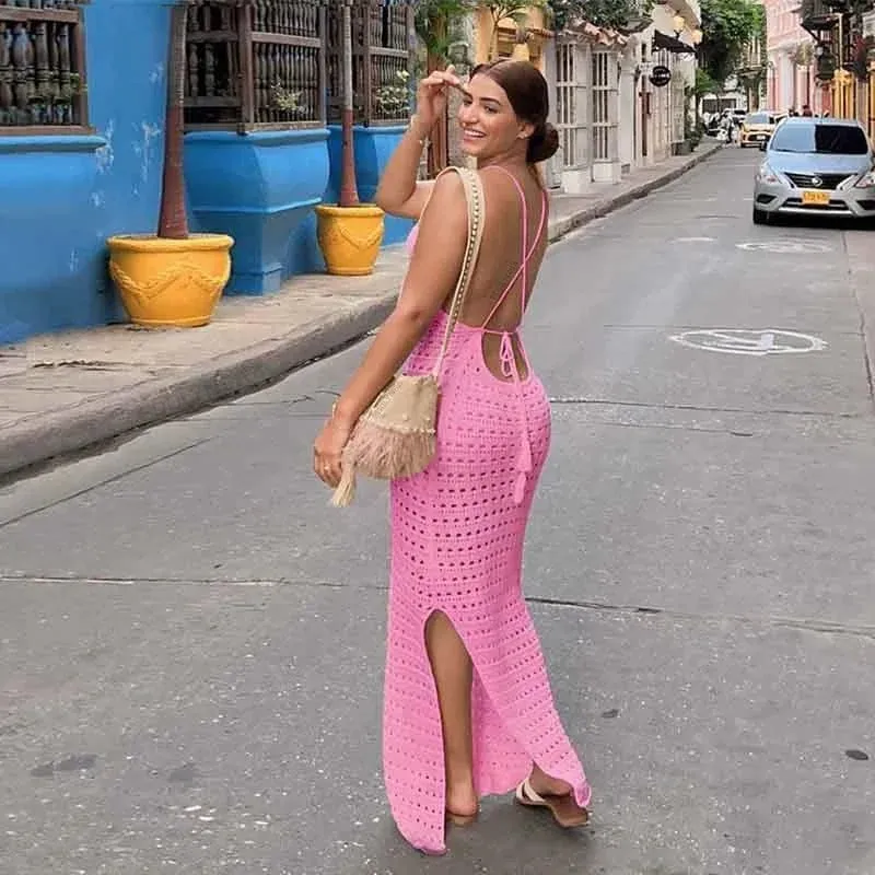 Sexy Knit Cut Out Tassel Spaghetti Strap Bodycon Beach Maxi Dress Summer