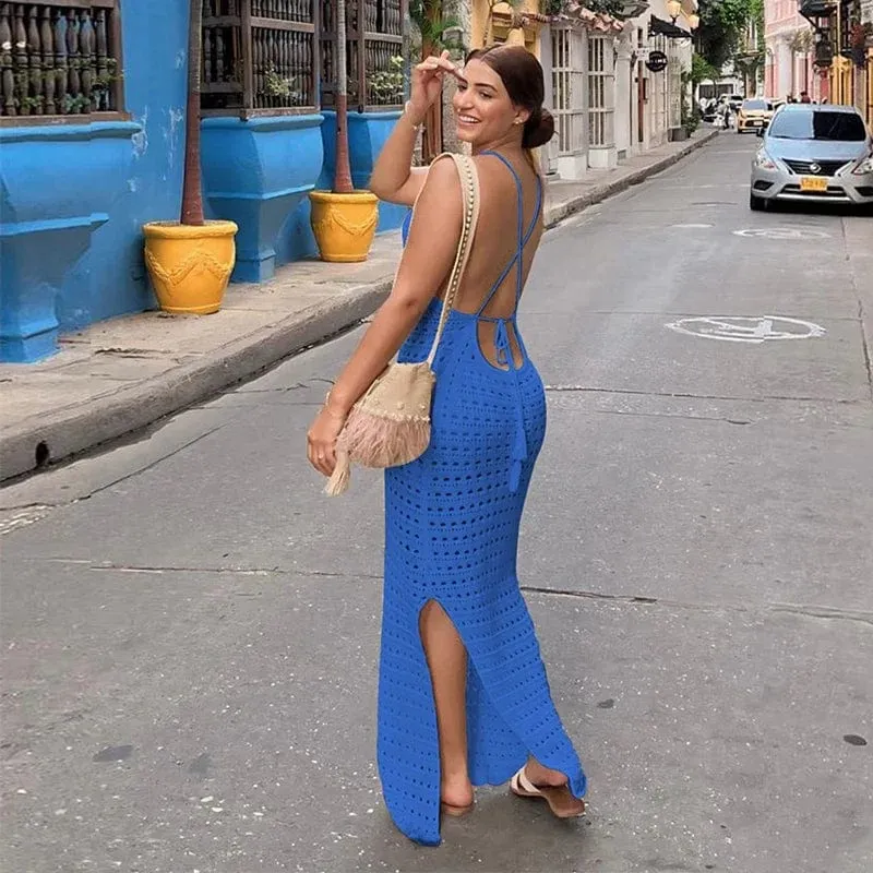 Sexy Knit Cut Out Tassel Spaghetti Strap Bodycon Beach Maxi Dress Summer