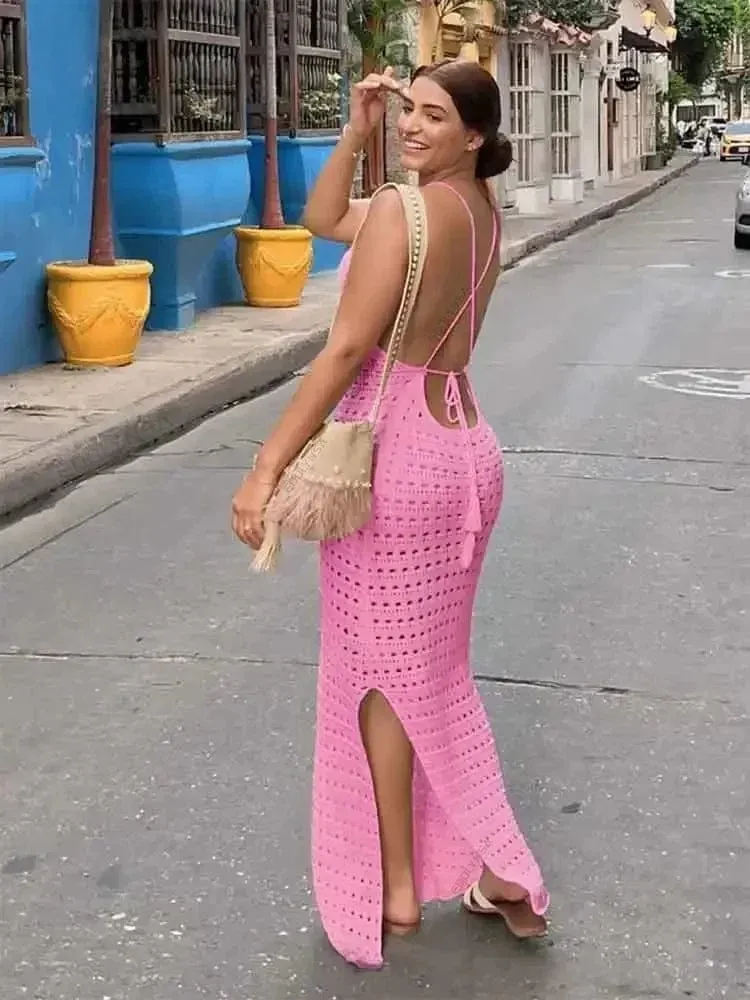 Sexy Knit Cut Out Tassel Spaghetti Strap Bodycon Beach Maxi Dress Summer