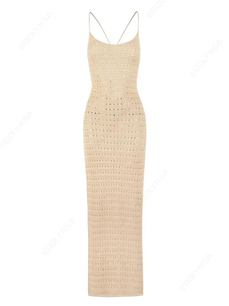 Sexy Knit Cut Out Tassel Spaghetti Strap Bodycon Beach Maxi Dress Summer
