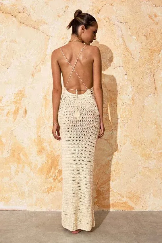 Sexy Knit Cut Out Tassel Spaghetti Strap Bodycon Beach Maxi Dress Summer