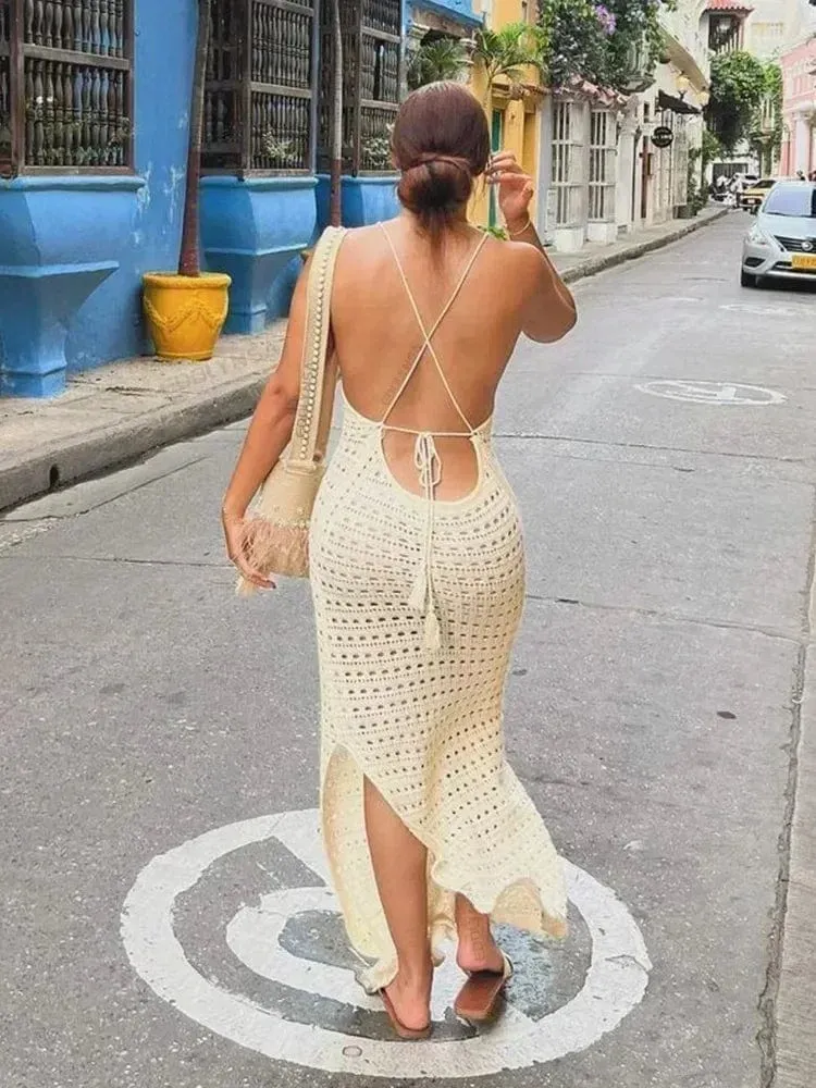 Sexy Knit Cut Out Tassel Spaghetti Strap Bodycon Beach Maxi Dress Summer