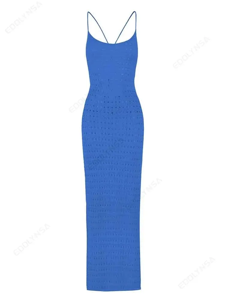 Sexy Knit Cut Out Tassel Spaghetti Strap Bodycon Beach Maxi Dress Summer