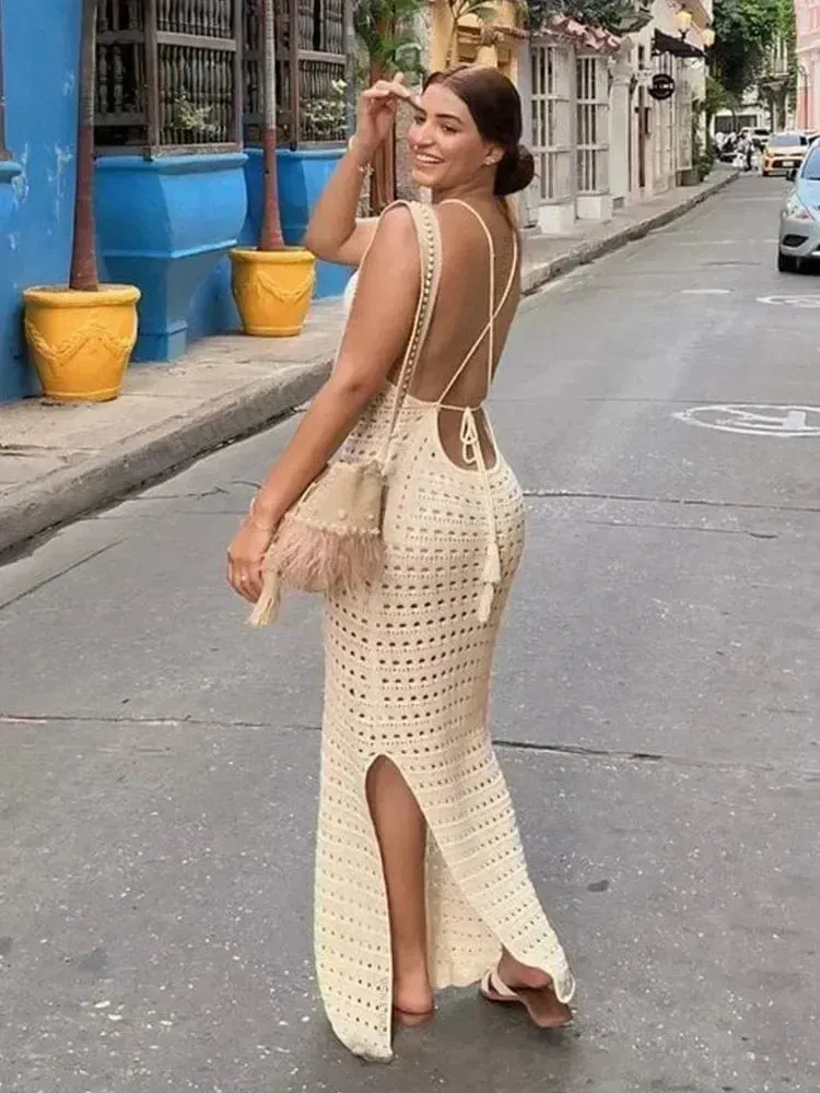 Sexy Knit Cut Out Tassel Spaghetti Strap Bodycon Beach Maxi Dress Summer