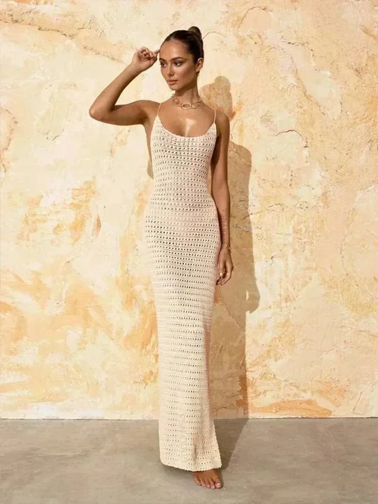 Sexy Knit Cut Out Tassel Spaghetti Strap Bodycon Beach Maxi Dress Summer