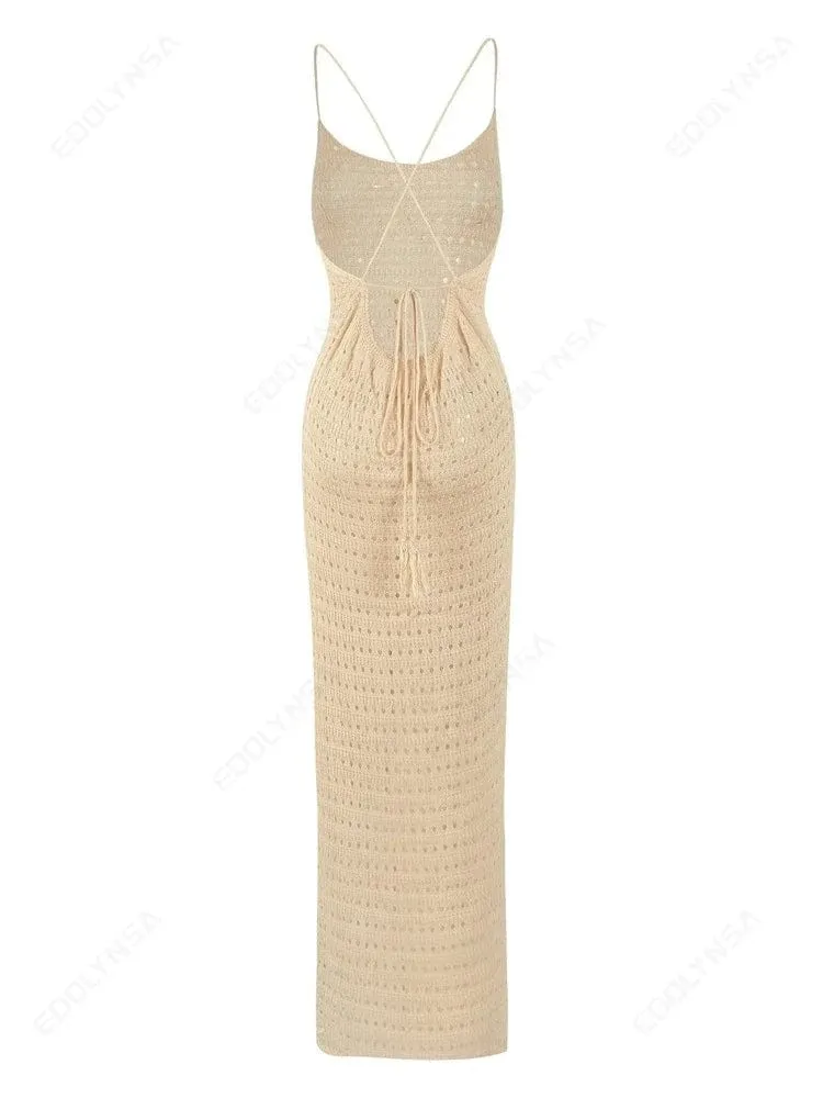 Sexy Knit Cut Out Tassel Spaghetti Strap Bodycon Beach Maxi Dress Summer