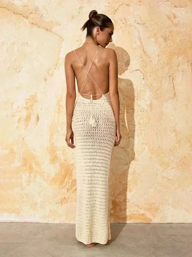 Sexy Knit Cut Out Tassel Spaghetti Strap Bodycon Beach Maxi Dress Summer