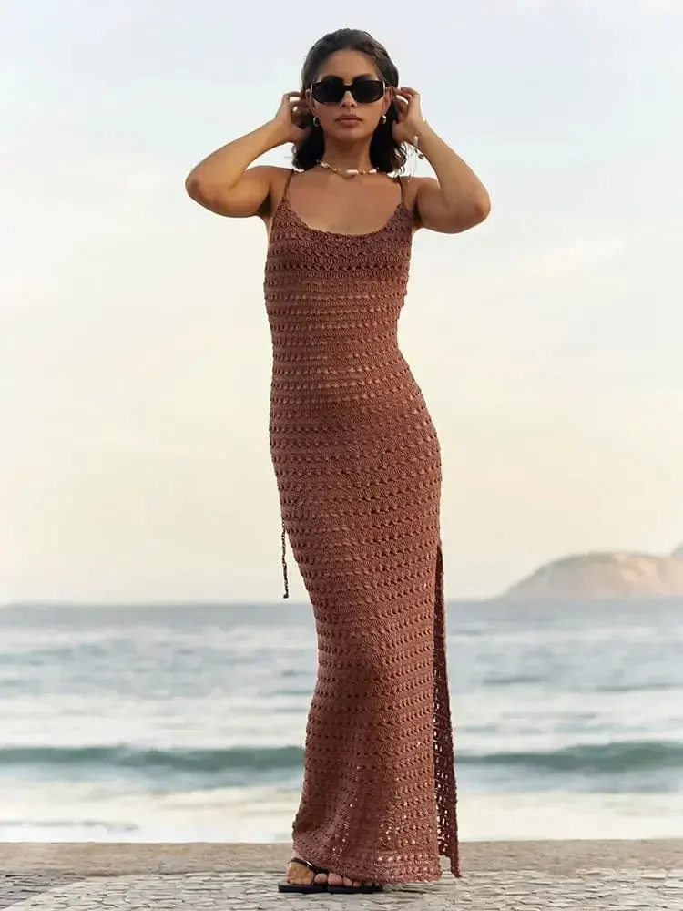 Sexy Knit Cut Out Tassel Spaghetti Strap Bodycon Beach Maxi Dress Summer